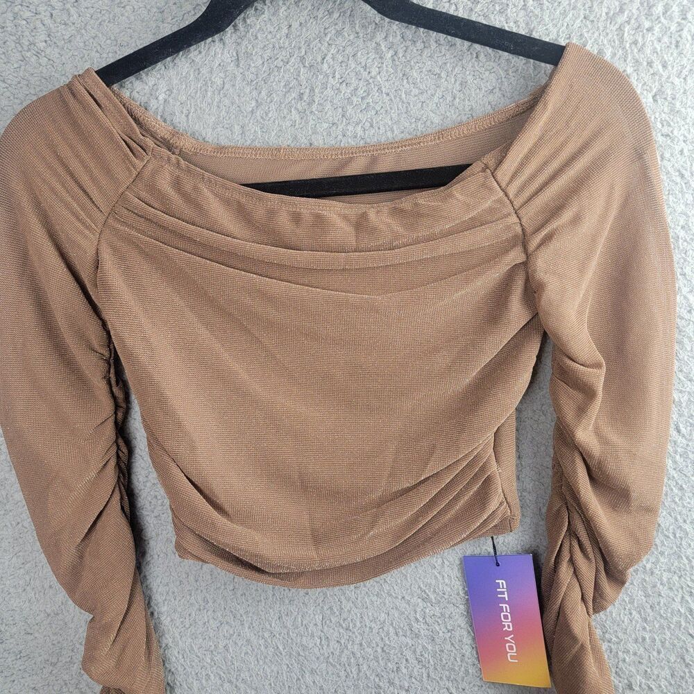 Cropped Mesh Top Long Ruched Bell Sleeves Brown Metallic Shimmer Korean Small - Picture 3 of 12